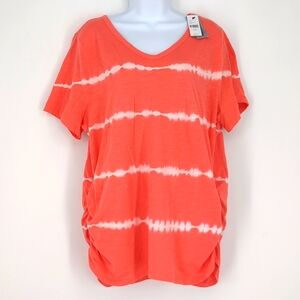 Lane Bryant Ruched Side Tee Coral White Striped V-Neck Shirt Size 14/16 NWT